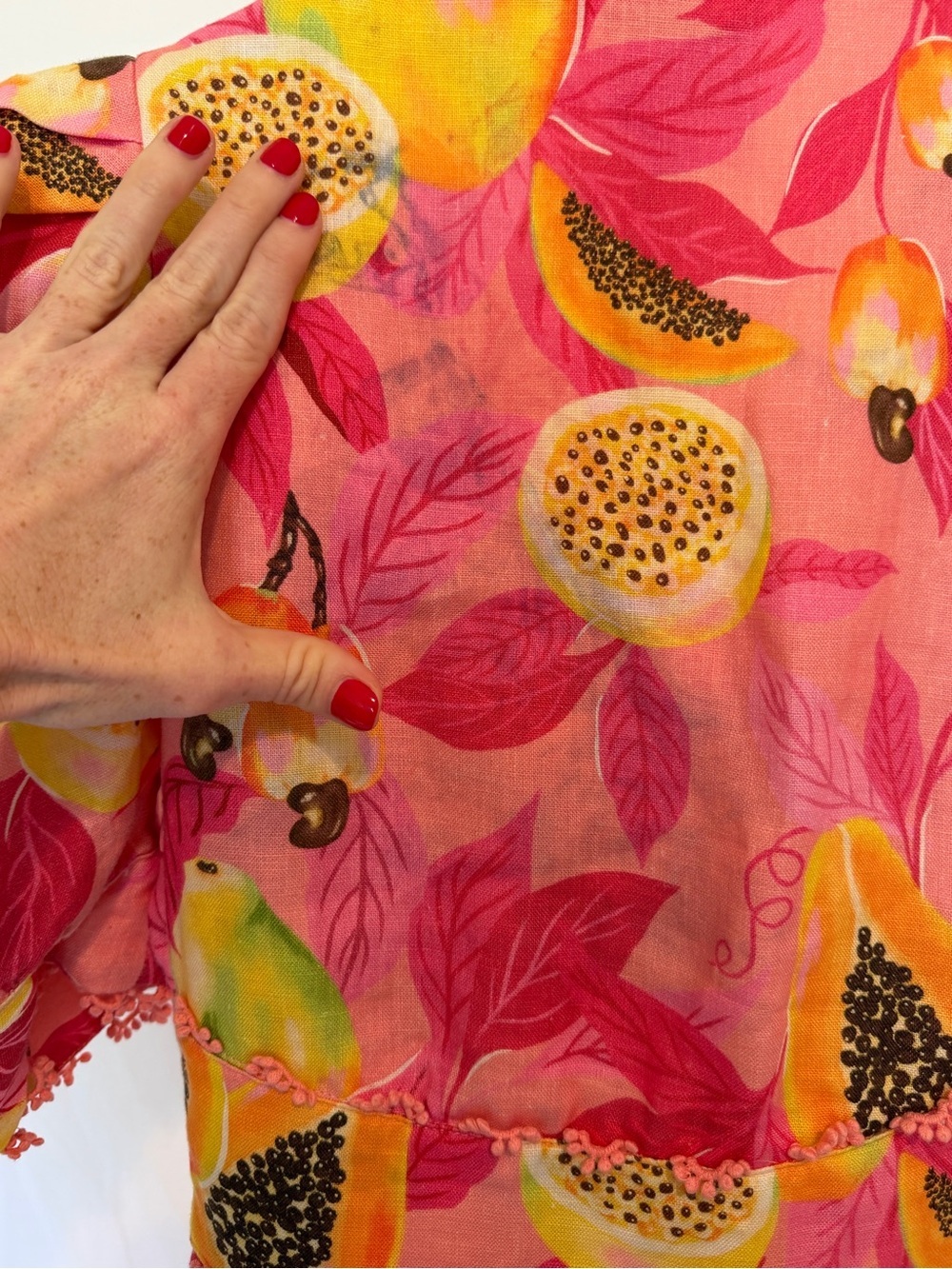 Farm Rio Pink Tropical Fruit Print Linen Blend Midi Dress XS Puff Sleeve READ - Picture 11 of 14